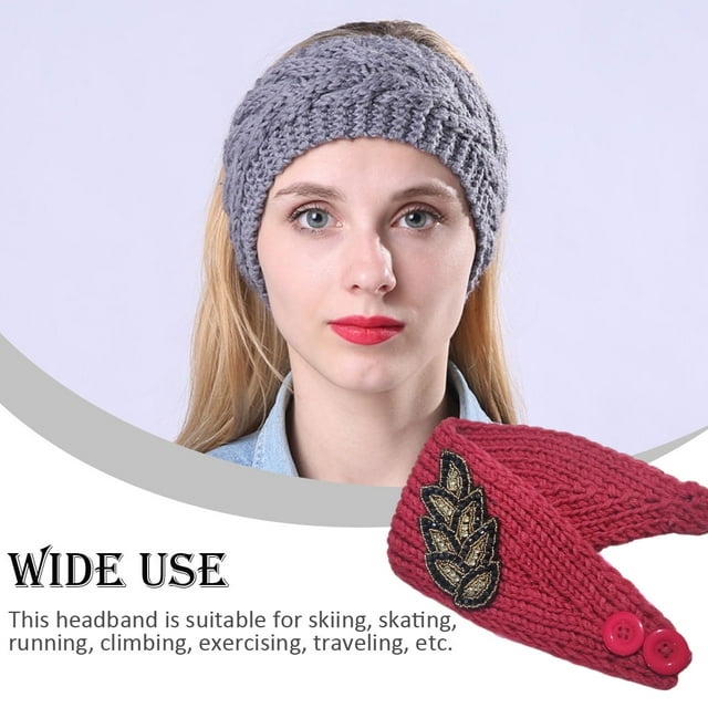 Crochet Headbands Winter Leaves Pattern Hairband with Buttons. with Rhinestones Elastic Head Protector Wide Warm Chunky Hair Accessories for Girls Peach