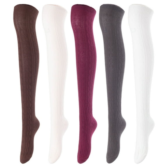 Lovely Annie Women's 5 Pairs Over Knee High Thigh-High Cotton Socks Size 6-9 L1024 5p5c12(Coffee,Beige,Wine, Dark Grey,Cream)