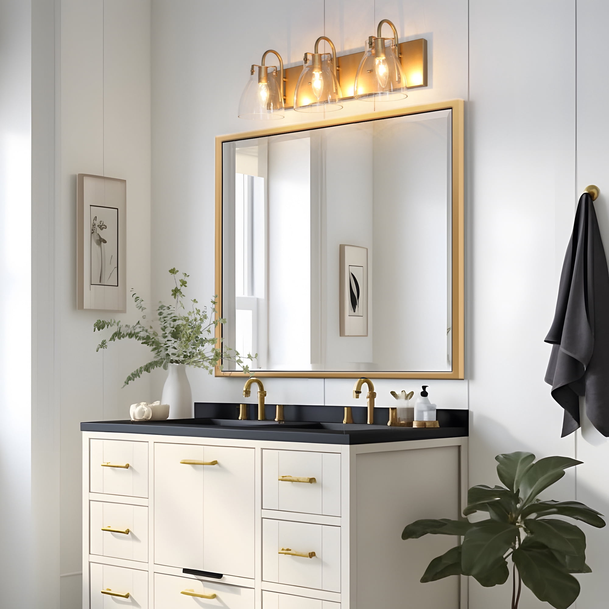 LNC Gold 3-Light Bathroom Vanity Light with Clear Glass Bell Shades, Dimmable