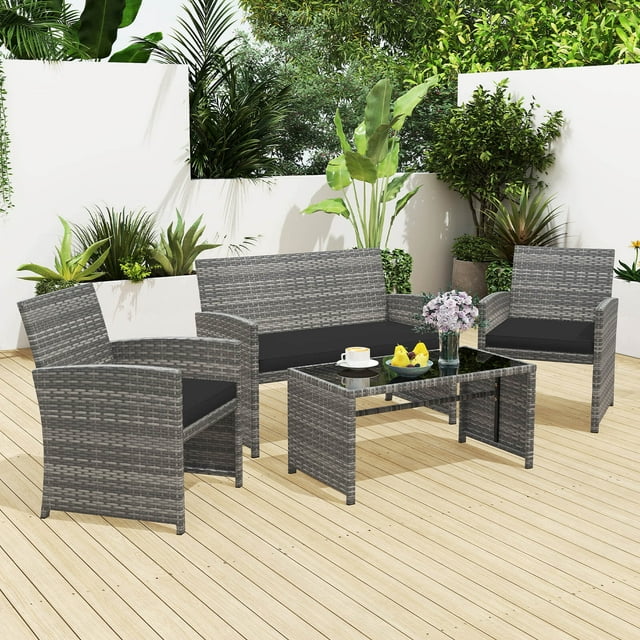 Costway 4 PCS Patio Furniture Set with Tempered Glass Coffee Table Loveseat 2 Single Sofas Black + Gray