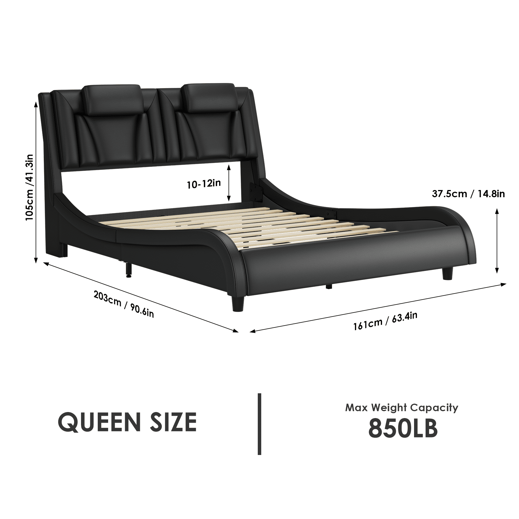 Homfa Queen Size LED Bed Frame, PU Leather Curved Upholstered Platform Bed Frame with Adjustable Headboard and Pillow, Black