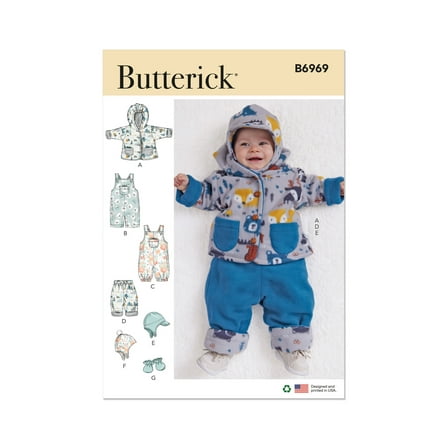 Butterick Sewing Pattern 6969 - Infants' Jacket, Overalls, Pants, Hats and Mittens, Size: A (XXS-XS-S-M-L)