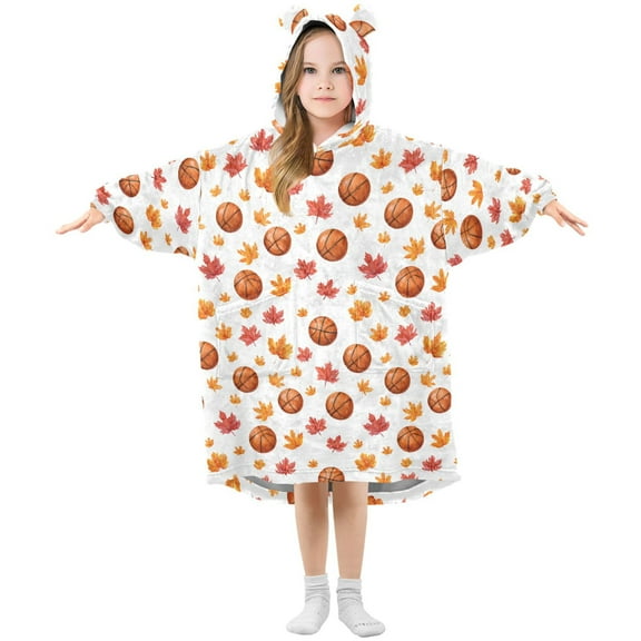 Wearable Blanket Hoodie for Kids Basketball Maple Leaf Flannel Hooded Blanket with Pockets and Sleeves Suitable for Boys and Girls