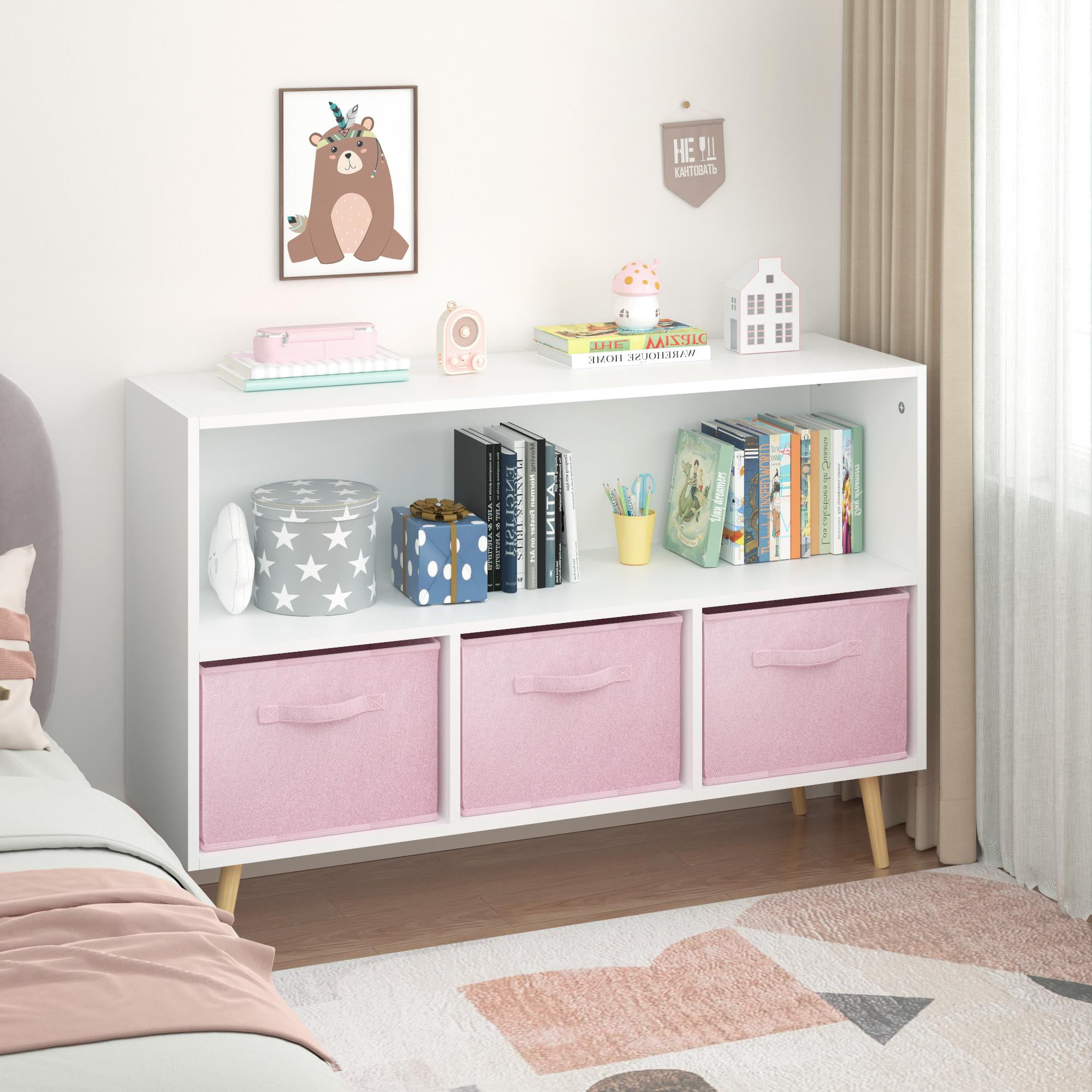 PORKISS Bookshelf for Kids, Wood Kids Bookcase with Collapsible Fabric Drawers, Freestanding Toy Organizer, Modern Toy Storage for Children's Room, Living Room, White/Pink