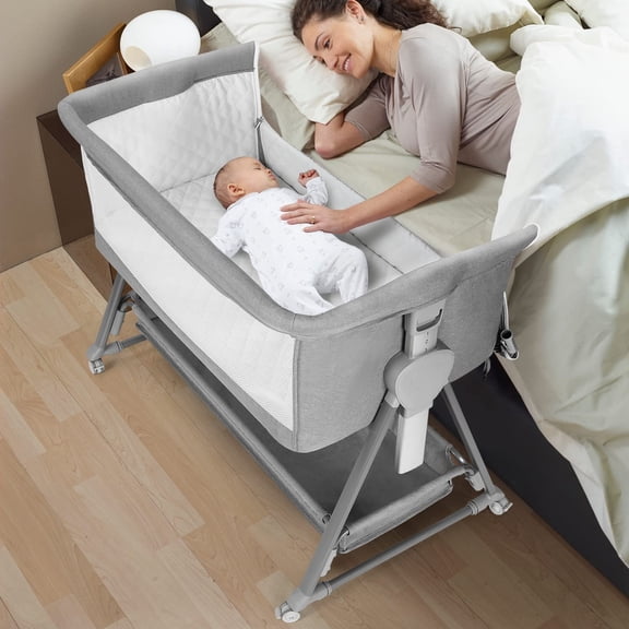 Cowiewie - Moisés para bebé, al lado de la cama para bebé, fácil de plegar, con cesta de almacenamiento y ruedas para reducir la fatiga de la mamá (gris oscuro) 2023 nuevo