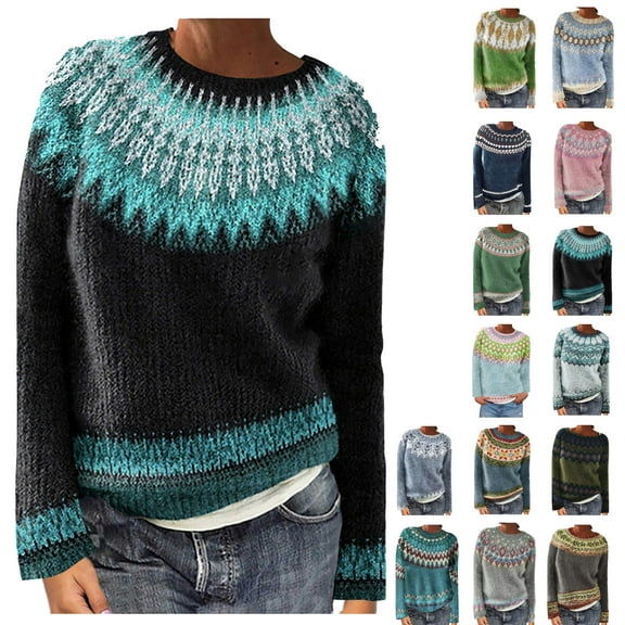 Oksale Fair Isle Sweaters for Women Casual Boat Neck Sweater Cozy Long Sleeve Jumper Vintage Soft Knitwear Warm Winter Tops Black S