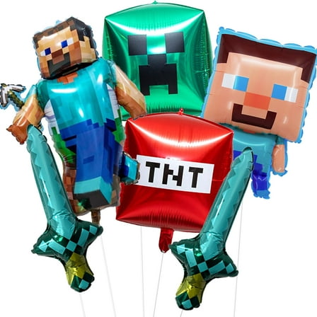 6PCS Mine Pixel Video Game Characters Foil Balloons for Boys Birthday Party Supplies