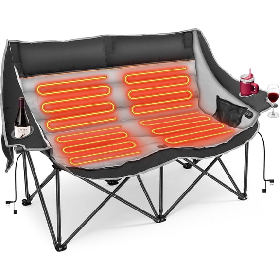 DKMOCO Heated Oversized Double Camping Chair Loveseat for Outdoor 3 Heat Levels 4 Heating Zones Black for Camping Travel Sports Lawn