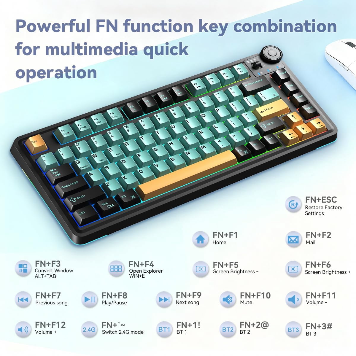 Aula AU75 Wireless Mechanical Keyboard, Hot Swap Gasket Gaming Keyboard with Knob, 4000mAh, 75% Five-Layer Padding PBT Keycaps, Orange