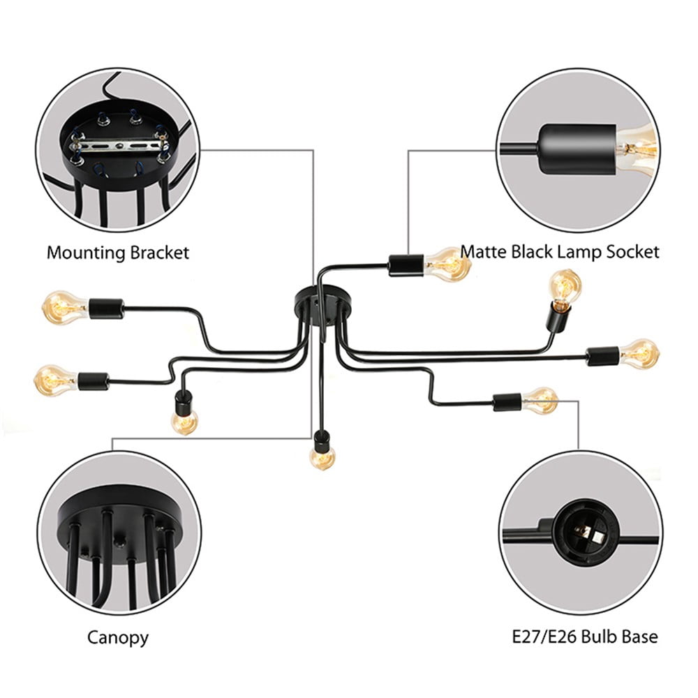 Litfad Black Sputnik Ceiling Light Fixture Industrial Edison Bulb Wrought Iron 8 Light Semi Flush Mount Light for Dining Kitchen
