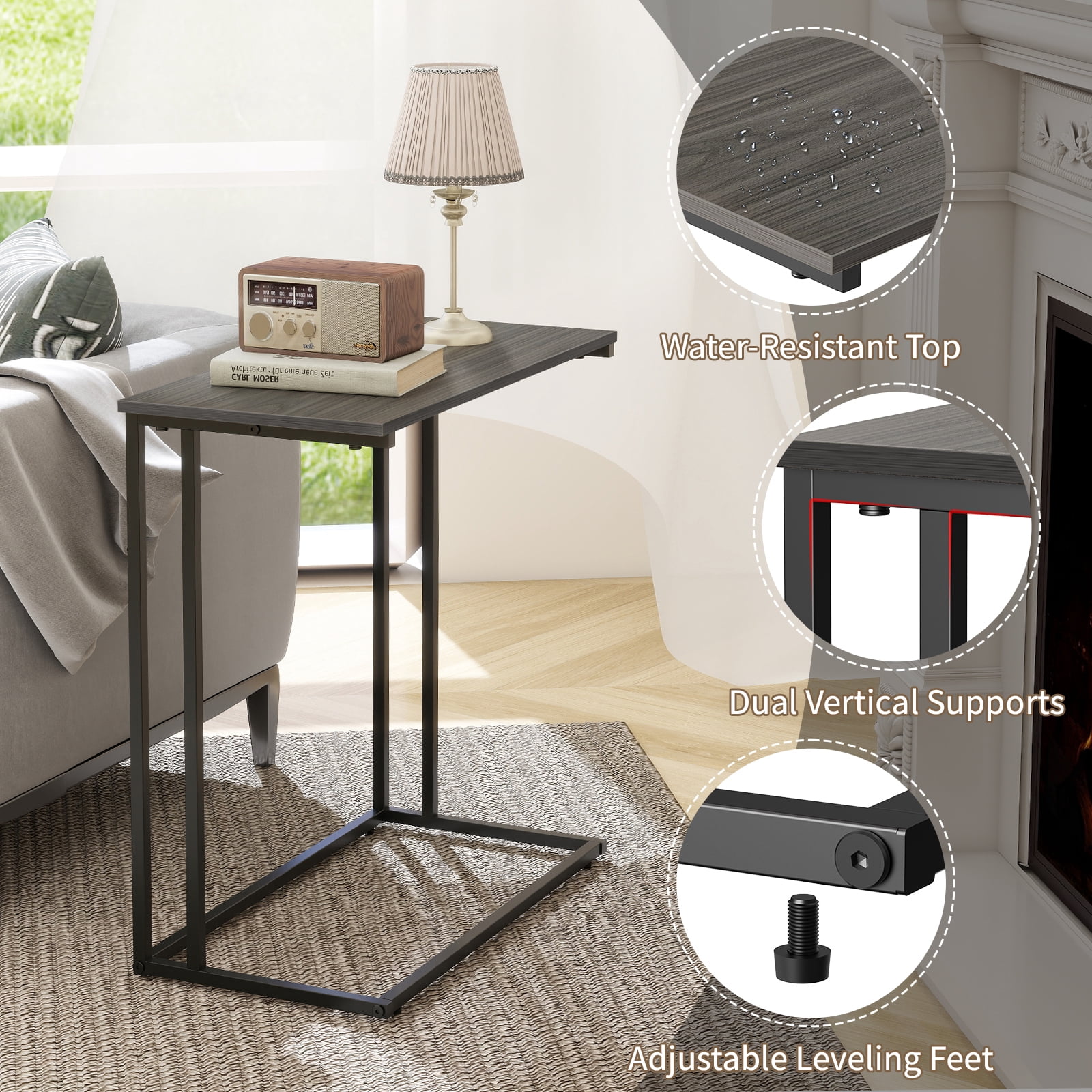 Krpimt C-Shaped End Table for Couch Sofa Side Table with Metal Frame for Bedroom, Living Room, 24.2"x 23.6"x 11.8"(HxWxD), Gray
