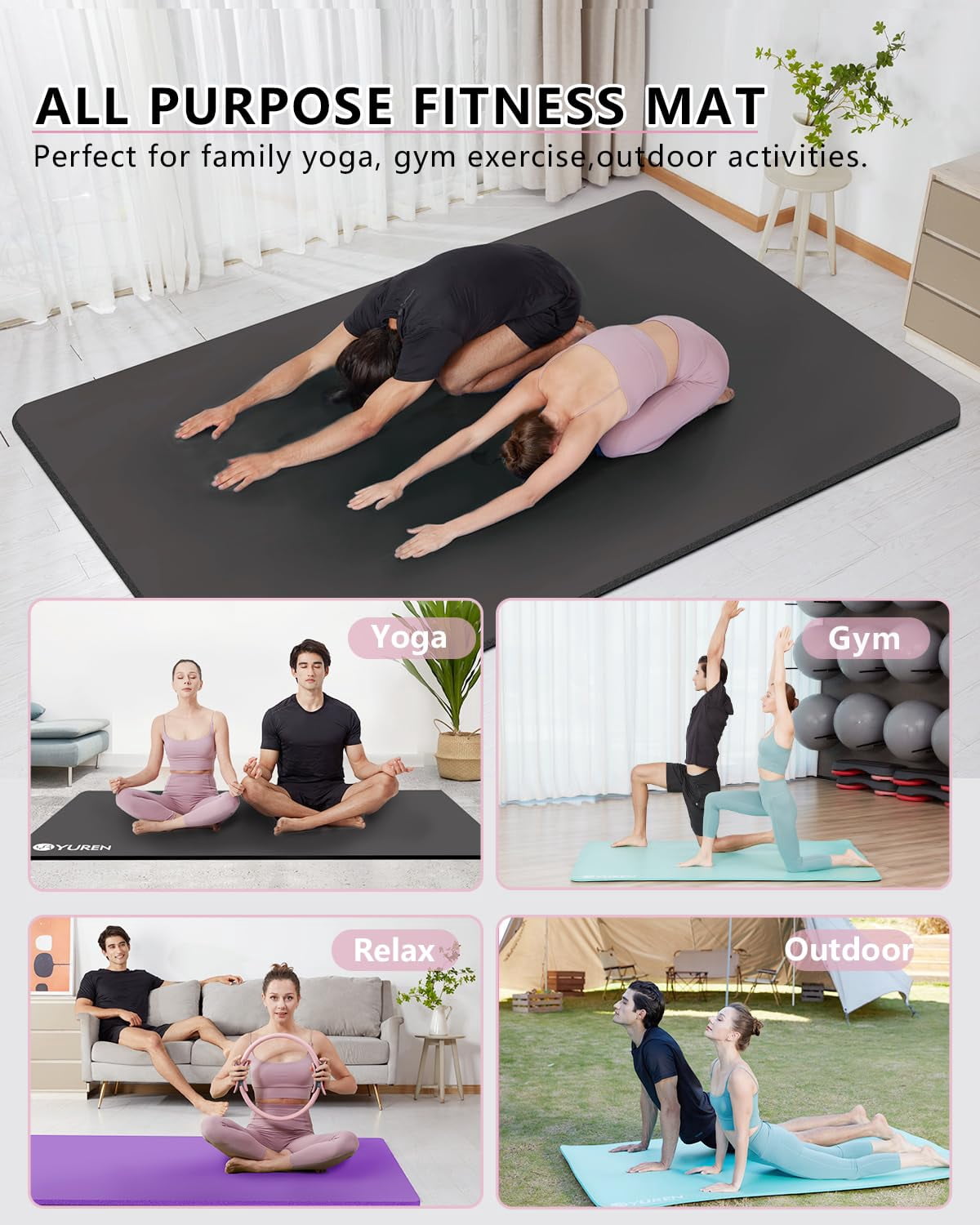 YR Large Yoga Exercise Mat 78"x51" 1/2" Thick NBR Foam Workout Mats, Black W/ Yoga Bag