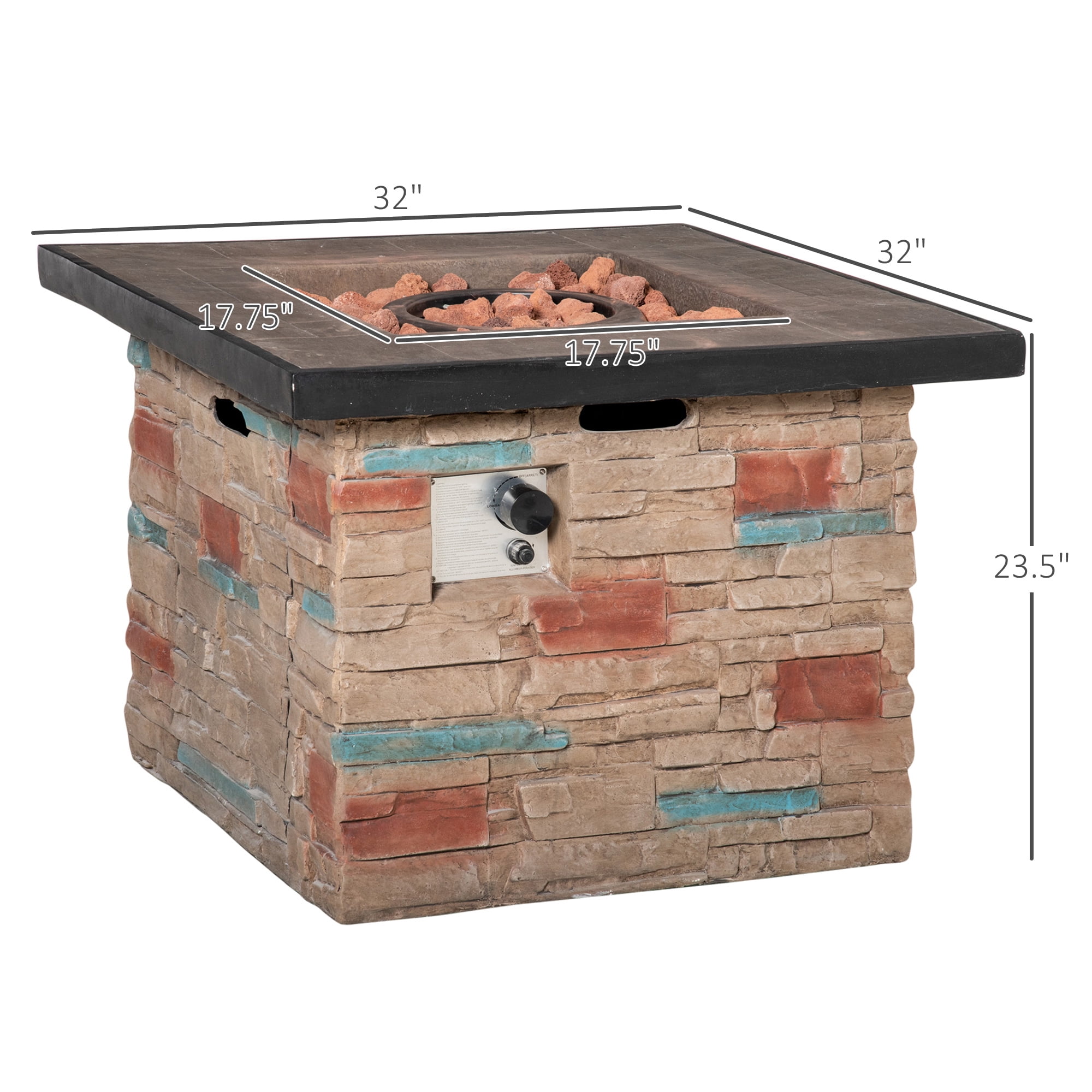 Outsunny Outdoor Propane Fire Pit Table Faux Brown Ledge Stone 32-inch Square Fire Table, 50,000BTU Auto Ignition Gas Firepits with Protective Cover