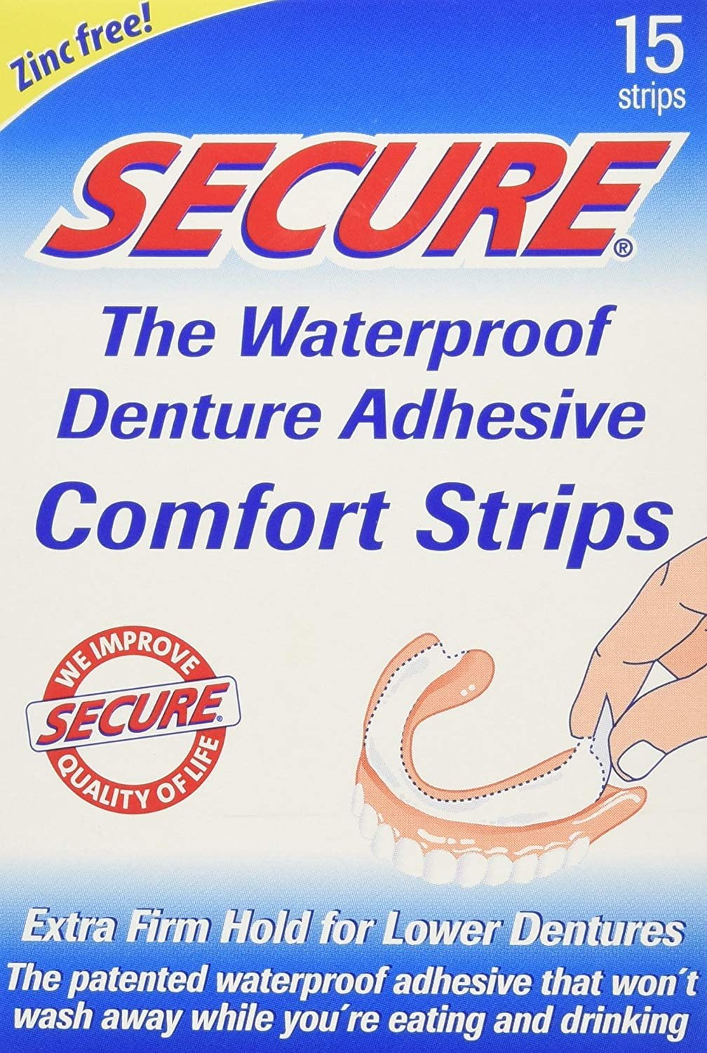 Secure Denture Adhesive Comfort Strips Extra Firm Hold, 15 ct