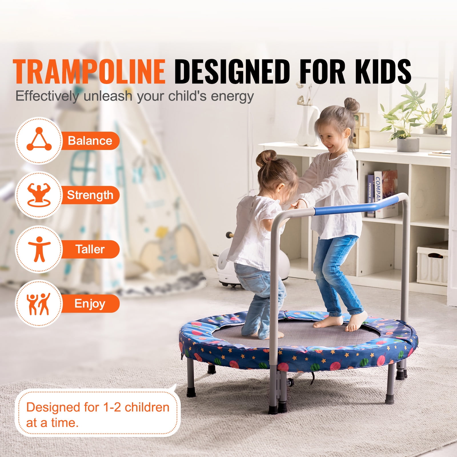 KFFKFF 36" Children's Trampoline, Suitable for Indoor and Outdoor Use, 3FT Compact Trampoline with Support Bar, Bouncy Trampoline for Young Kids