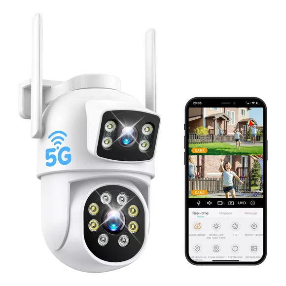 Cámara De Seguridad Anberx De Lente Doble Ptz 8mp Wifi IP66 Impermeabile, con Audio Bidireccional, Detección de Movimiento, Visión Nocturna