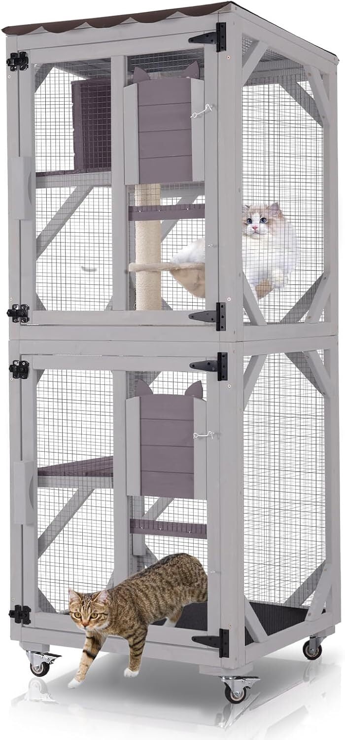MEDEHOO Catio Outdoor Cat Enclosure - 62.5" Large Walk in Cat Cage on Wheels, Multi-Level Kitty House with Cat Scratching Post, PVC Layer, and Waterproof Roof Gray