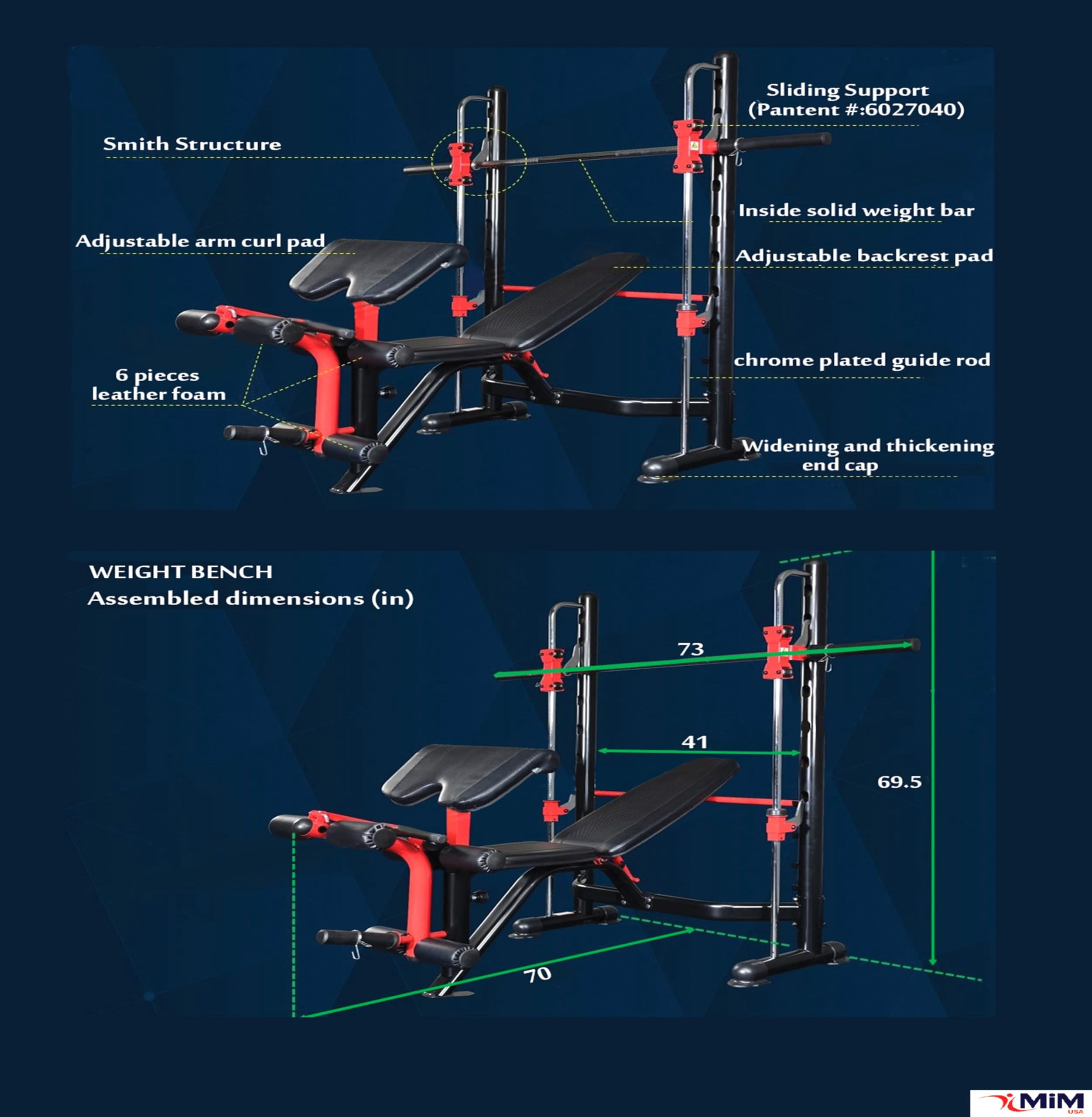 MiM USA Olympic Weight Bench w/Leg Extension Preacher curl Functions, Squat Rack Set