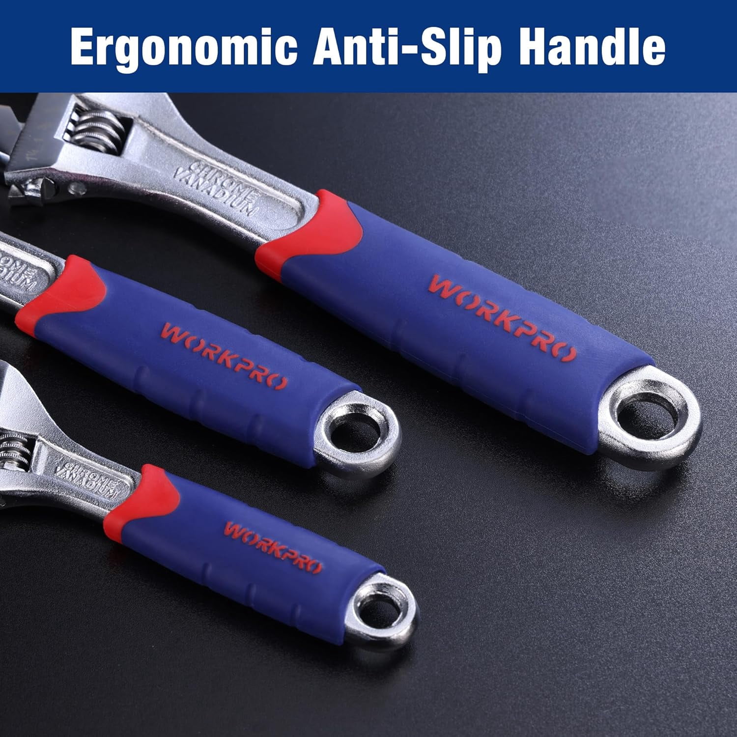 3-piece Adjustable Wrench Set CR-V with Rubberized Anti-Slip Grips 10-inch, 8-inch, 6-inch