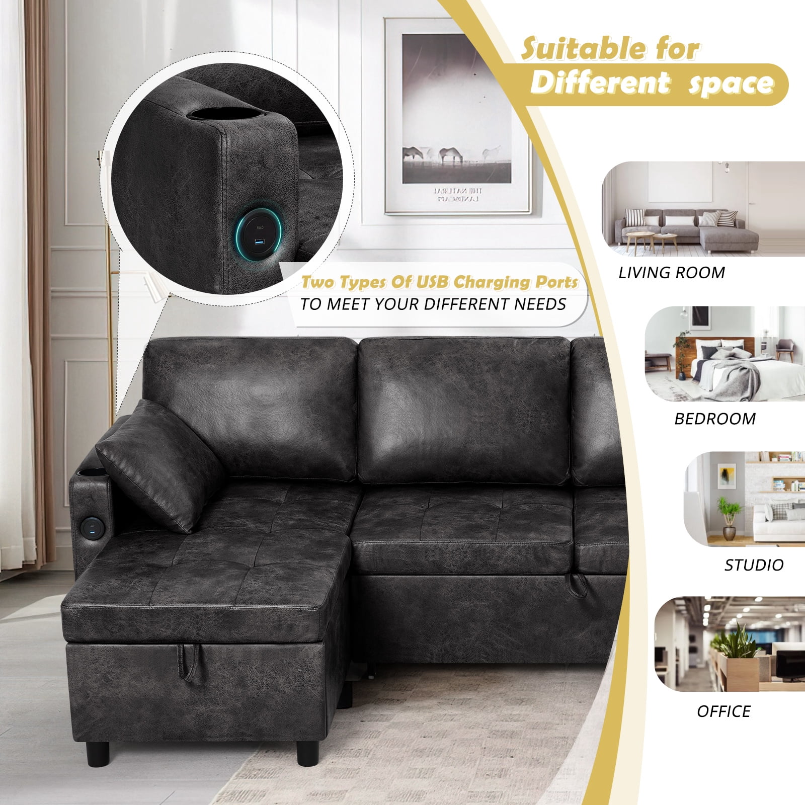 ACMEASE 84" Suede Leather Sectional  Sofa w/Adjustable Backrests, Pull Out Sofa Bed w/USB Charger Port& Reversible Storage Chaise,Convertible L-Shaped Sofa with Cup Holders for Living Room, Black