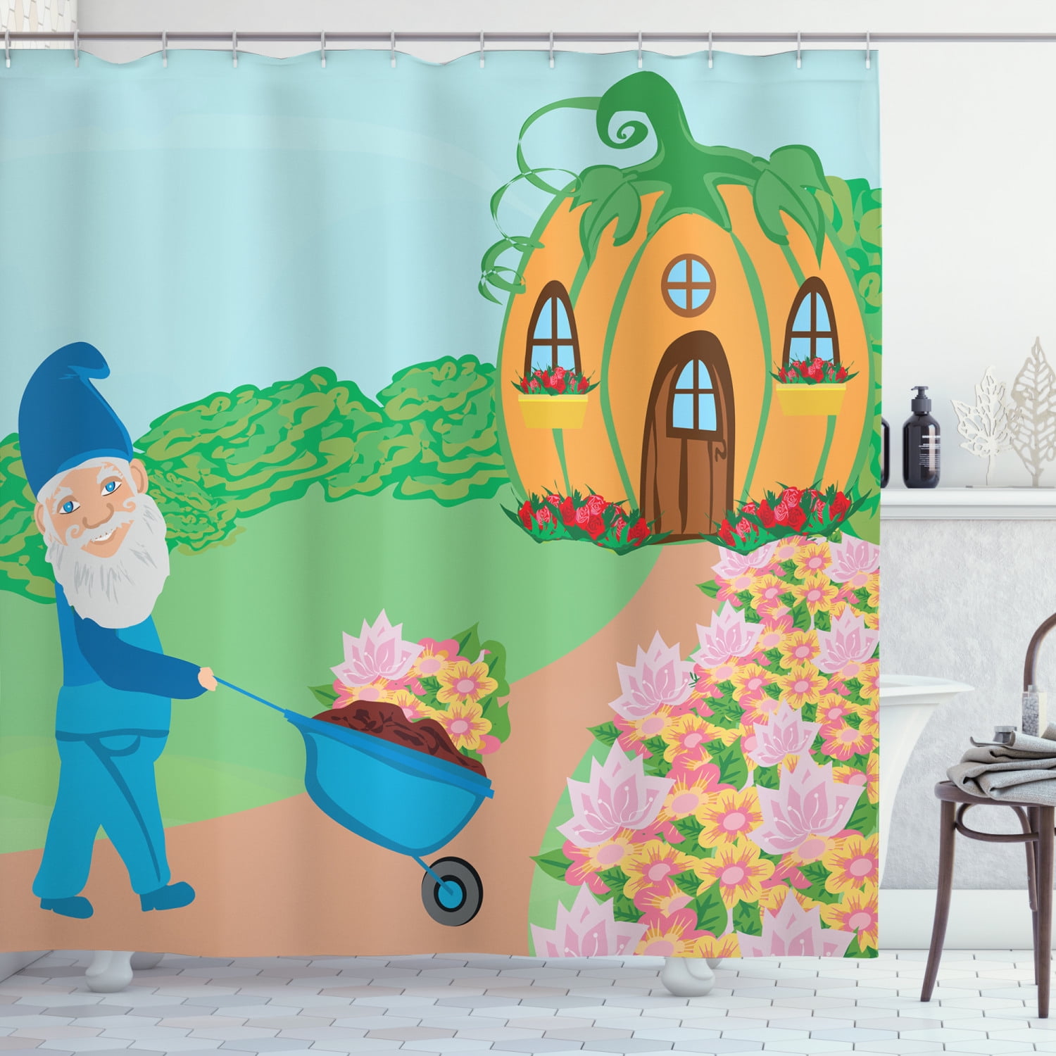 Gnome Shower Curtain, Elf Gardening Outside of His Magic House in Forest Dreamland Print, Fabric
