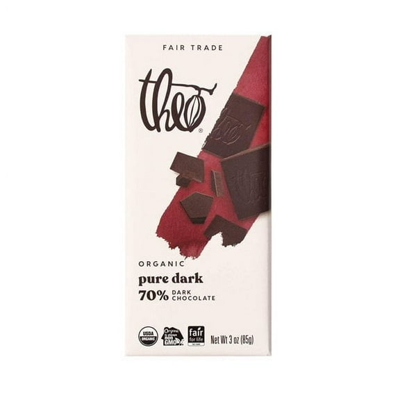 Theo Chocolate Organic 70% Dark Chocolate Bar Unflavored -- 3 oz Pack of 2