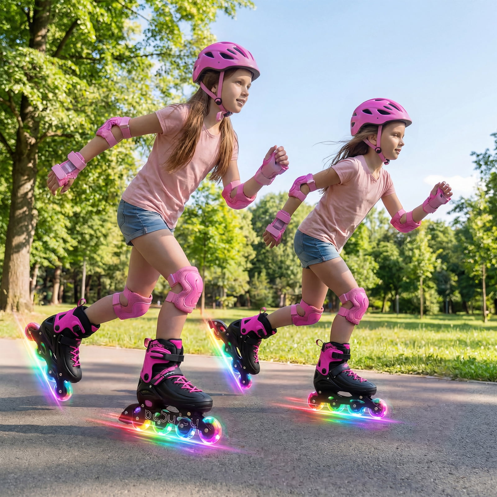 Babyjoy Kids Inline Skates, Adjustable Light-Up Roller Skates with Illuminating Wheels Pink