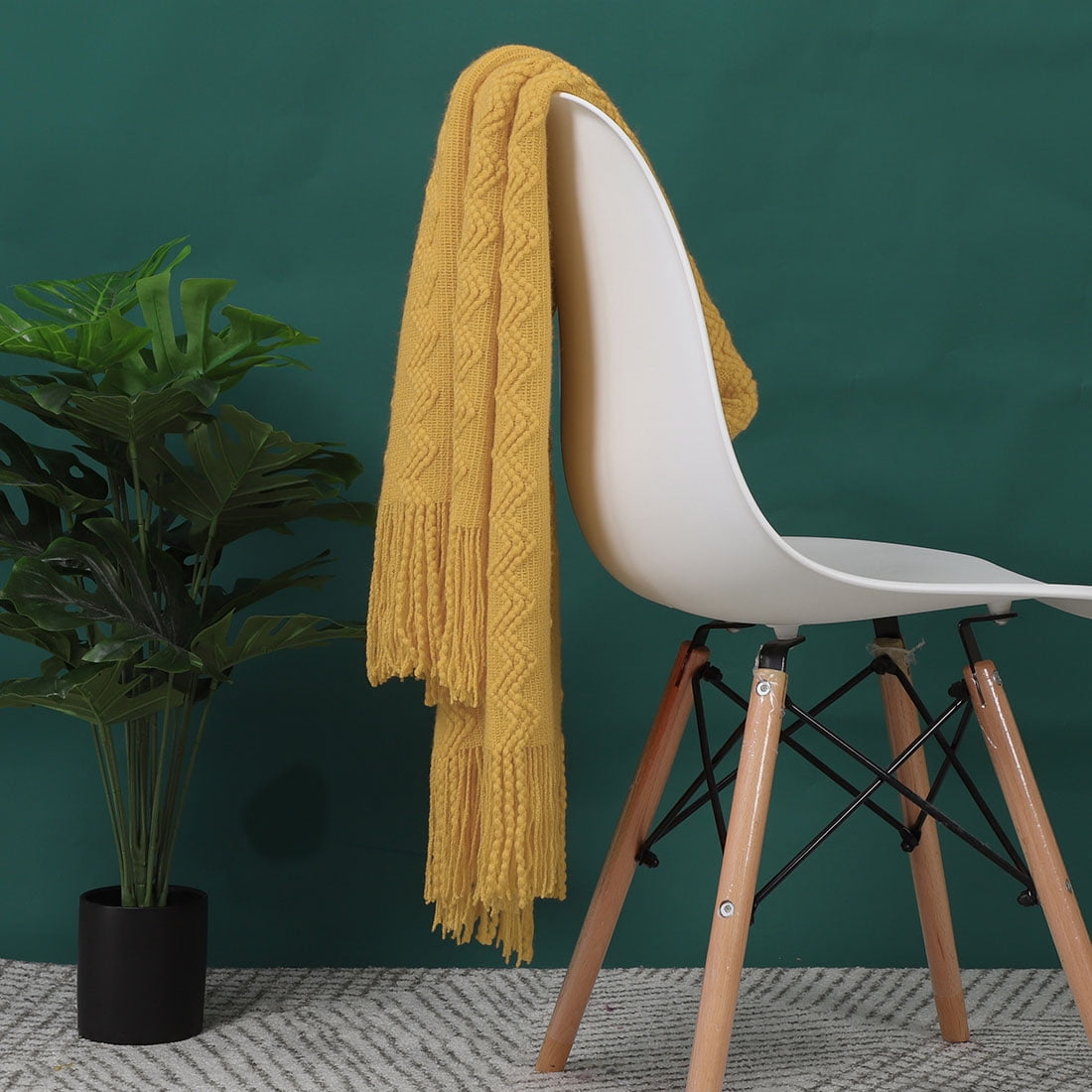 Wavy Pattern Decorative Knit Throw Blanket with Tassels, 50" x 60", Old Gold