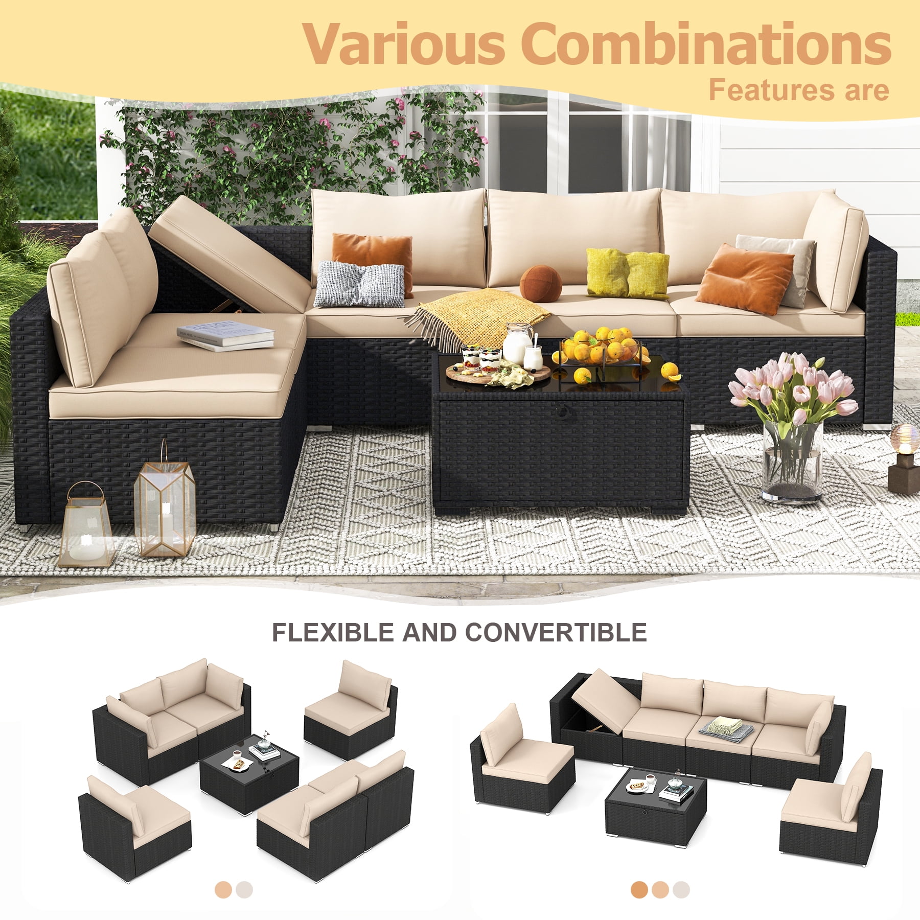 GYUTEI 7 Piece Patio Furniture Set with Adjustable Bracket All-Weather Wicker Conversation Set with Coffee Table for Porch Garden Backyard (Khaki)