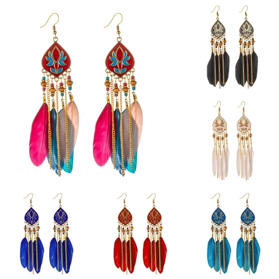 DESIGNICE 2Pcs Women Fashion Earrings Feather Pendant Alloy Tassel Long Earrings, Red