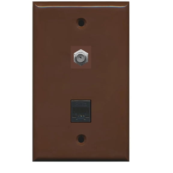 RiteAV - 1 Coax F Type and 1 Cat5e Ethernet Port Wall Plate - Brown - Bracket Included