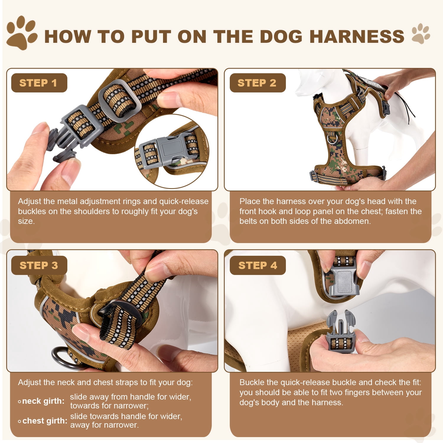 HUTACT Dog Harness, No Pull Harness, No Choke Reflective Vest with Handle, Adjustable Pet Harness for Running Walking, Khaki, Extra Large Size