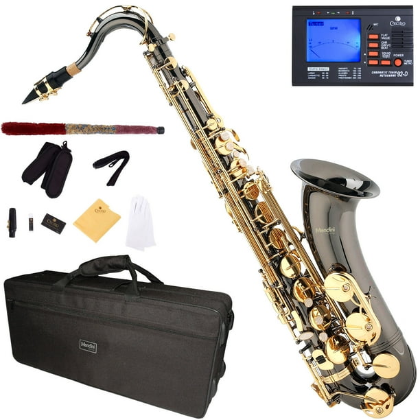 Mendini Black Nickel Plated Gold Keys Bb Tenor Saxophone with Tuner, 10