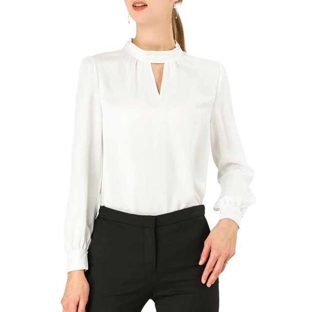 Unique Bargains Women's Keyhole Stand Collar Pleated Back Button Blouse Tops