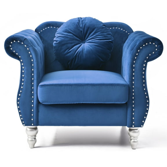 Hollywood Navy Blue Chesterfield Tufted Velvet Accent Chair with Round Throw Pillow