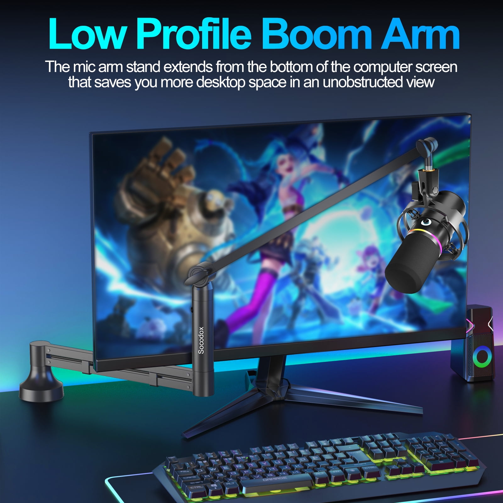 Socodox Low Profile Mic Arm,Upgraded Microphone Boom Arm Stand with 7cm Desk Mount Clamp and 3/8" & 5/8" Adapter for Blue Yeti,Podcasting,Gaming,Black