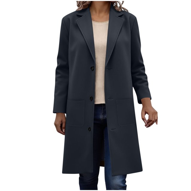 WRKEKC Coats for Women Long Sleeve Solid Color Button Multi Pocket Wool Blend Long Jacket Top for Daily Appeal and Functional Design
