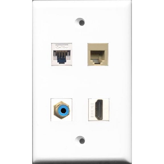RiteAV 1 Port HDMI and 1 Port RCA Blue and 1 Port Phone RJ11 RJ12 Beige and 1 Port Cat5e Ethernet White Wall Plate