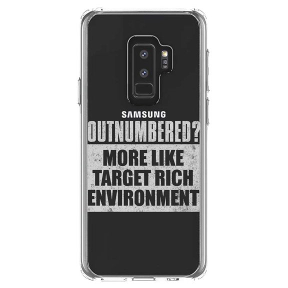 DistinctInk Clear Shockproof Hybrid Case for Samsung Galaxy S9  PLUS (6.2" Screen) - TPU Bumper Acrylic Back Tempered Glass Screen Protector - Outnumbered? Target Rich Environment