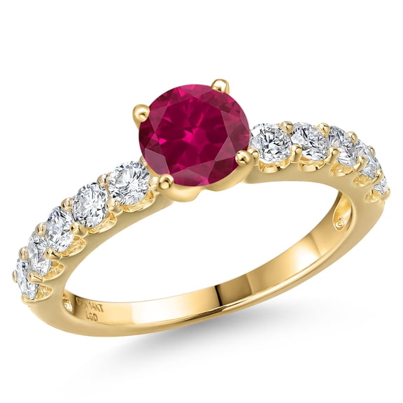 Gem Stone King 14K Yellow Gold Red Created Ruby and Lab Grown Diamond Engagement Ring for Women | 1.25 Cttw | Round 5MM | Gemstone July Birthstone | Size 6