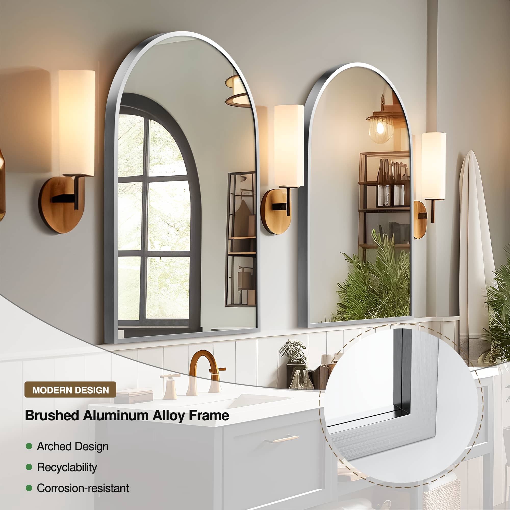 MAYEERTY Set of 2 Arched Wall Mirror, Aluminum Alloy Bathroom Vanity Mirror, 35.8"x24"