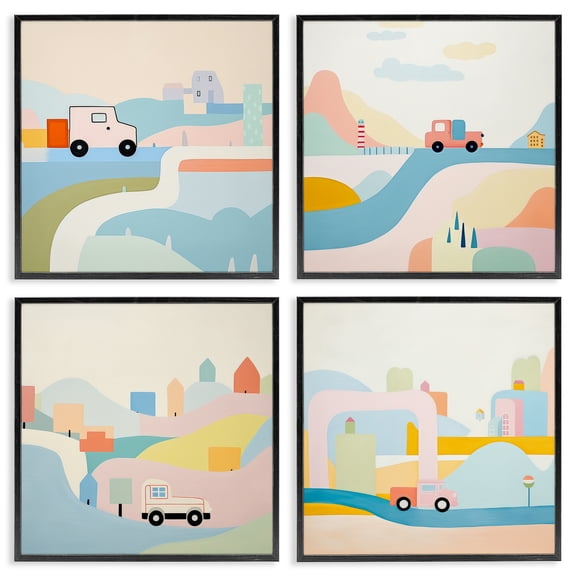 Stupell Industries Pastel Whimsical Landscapes Transportation Painting Black Framed Art Print Wall Art, 12 x 12, Set of 4