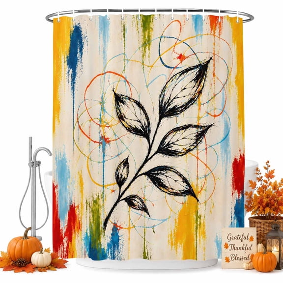 Abstract Leaves Shower Curtain Set - Extra Long 72" x 96" Washable Bathtub Curtain with 12 Hooks, Modern Simple Graffiti Splatter Boho Beige Waterproof Fabric Stall Shower Curtains for Bathroom