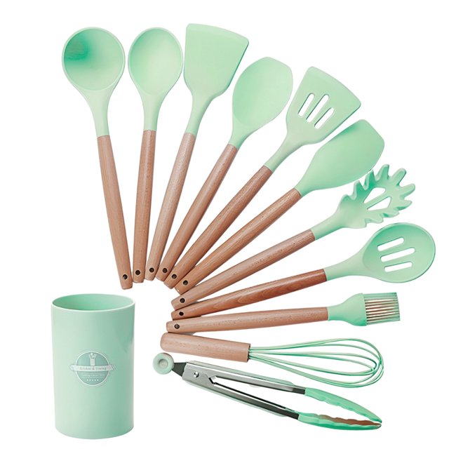 Juego de Utensilios de Cocina | Kit 12 Piezas de Cocina | Set de Instrumentos de Silicona | Mango de Madera Resistentes | Herramientas de Cocina Multifuncionales