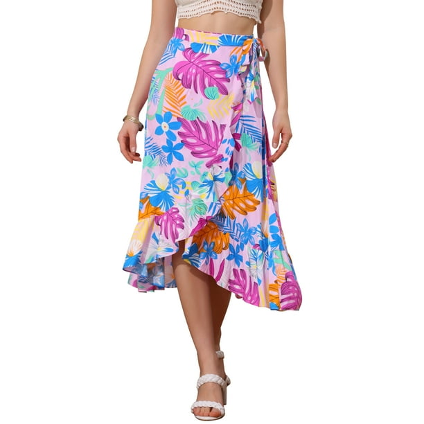Falda Tropical Floral con Volantes para Mujeres INSPIRE CHIC, con Nudo Autoadhesivo, Falda de Playa Hawaiana, Color Rosa, Talla L
