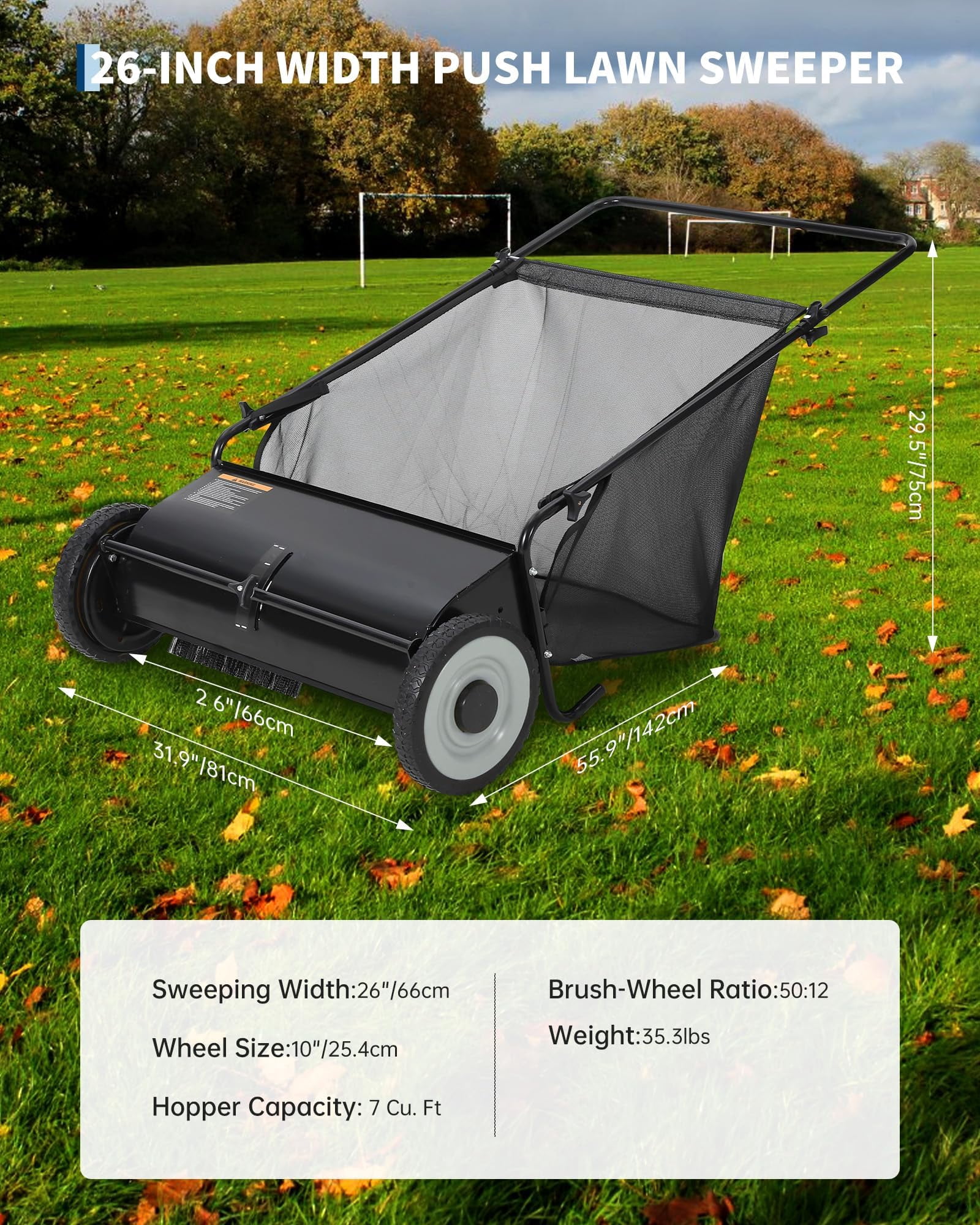 Accreate Efficient Yard Cleanup Push Lawn Sweeper – Large Capacity Bag, 4-Spinning Brush System, Adjustable Height, Heavy-Duty Steel Frame, Ideal for Lawn, Garden, Grass
