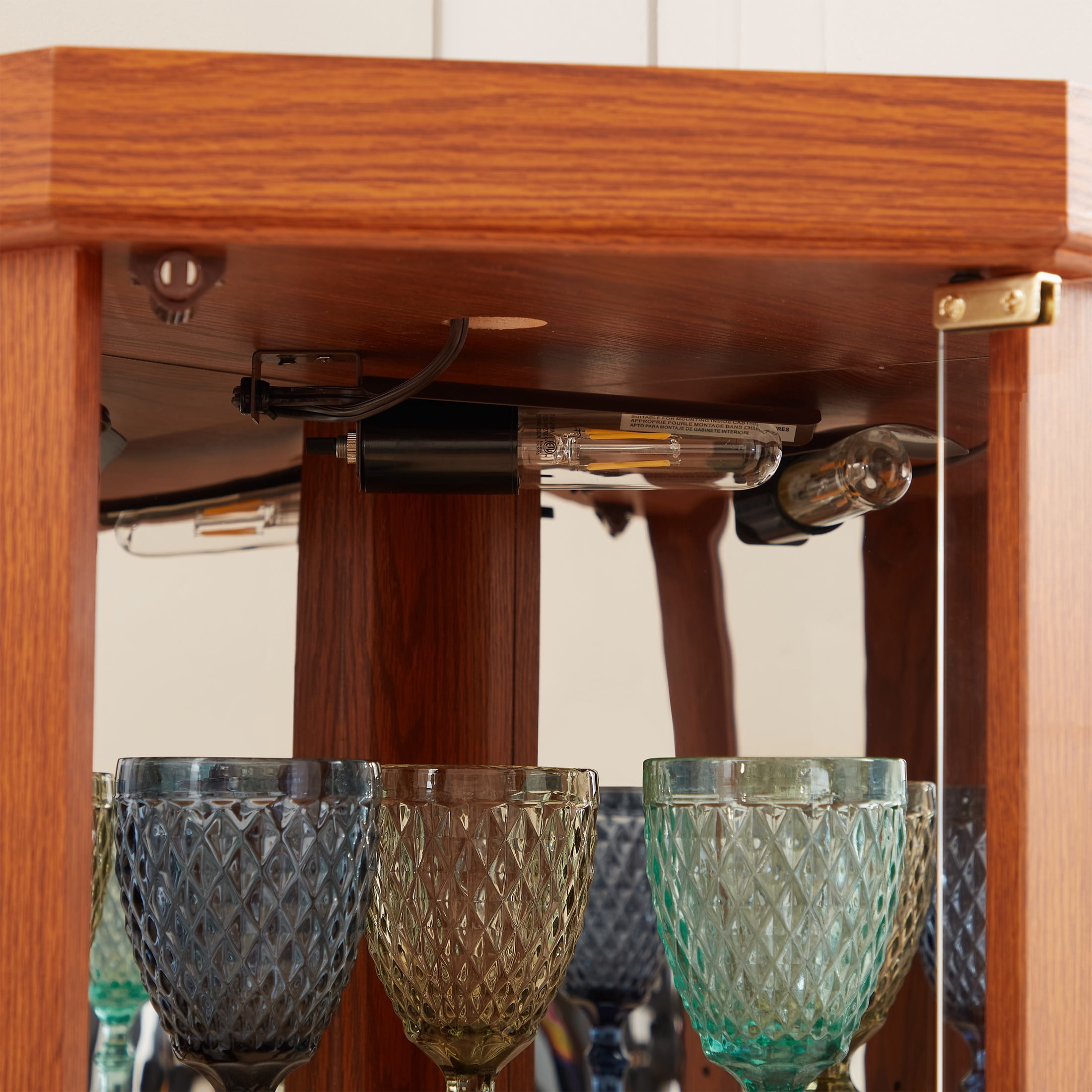 PORKISS Lighted 3-Side Glass Display Curio Cabinet with Tempered Glass Doors and Shelves, China Cabinet Wood Corner Cabinet with Bulb, Corner Curio Storage Rack for Bar, Liquor Storage, Dark Oak