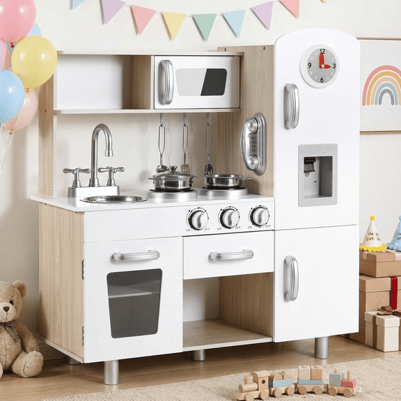 Arlopu Kids Pretend Play Kitchen Set w/ Realistic Light & Sound, Wooden Kitchen Playset Interactive Toys for Toddler w/ Accessories
