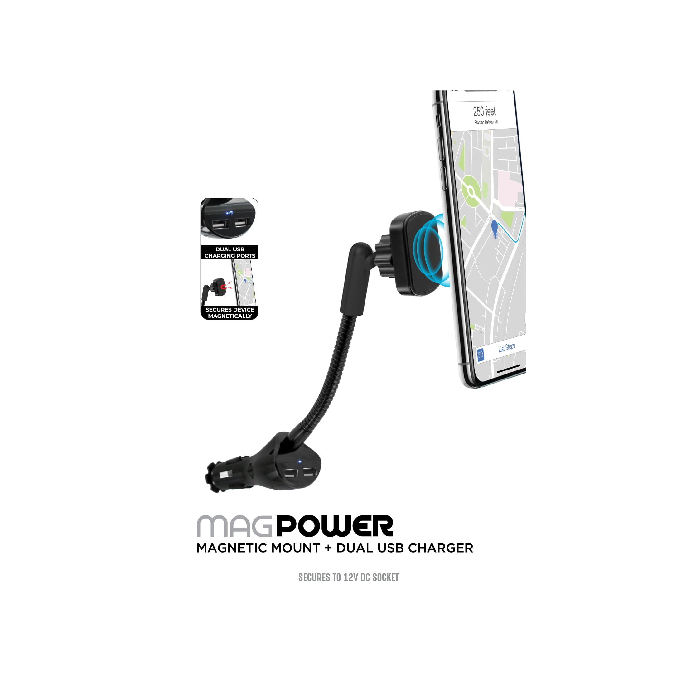 Premier Accessory Group Premier Magnetic Flexible Car Phone Mount With 2 USB Charging Ports for All Smartphones and Mobile Devices