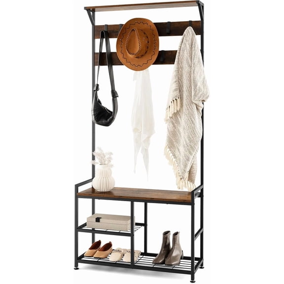 HarmonyStrings 3-in-1 Storage Benches Coat Rack with Storage Shelf & 9 Movable Hooks, Industrial Hall Tree with Shoe Bench, Anti-Tipping Device, Shoe and Coat Rack for Entryway Living Room Bedroom